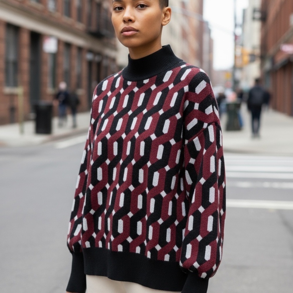 Christian Siriano Black Red Geometric Mock Neck Sweater Womens XL Long Sleeve